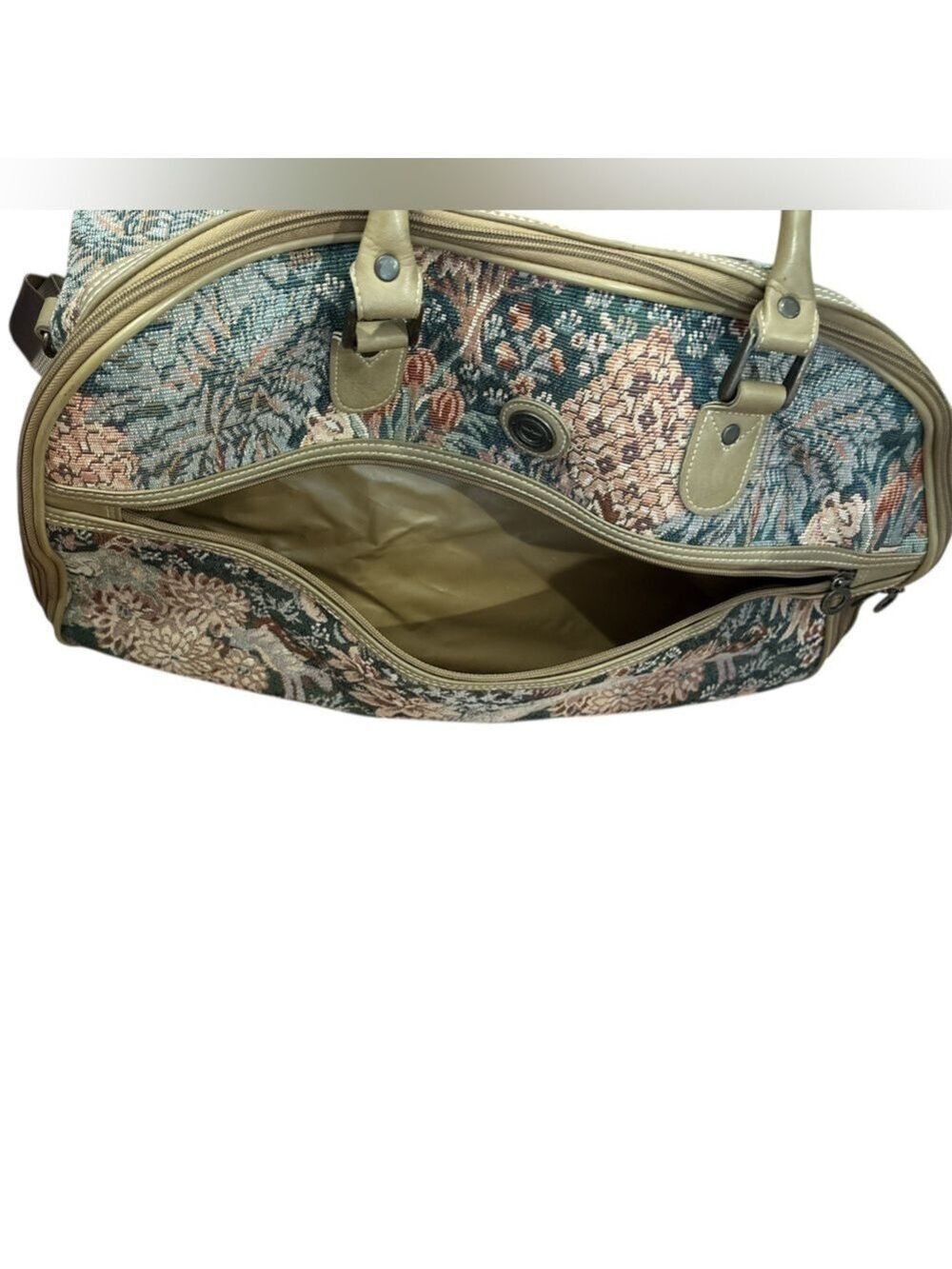 Capezio Brown and Tan Travel Bag with Vintage Tapestry Design Tan Leather Trim. - Picture 6 of 9